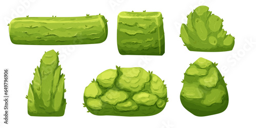 Set Hedge green bush forest or backyard plant with leaves in cartoon style isolated on white ackground. Game decoration, clip art.