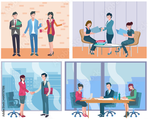 Office workers. Vector illustration. Teamwork promotes synergy and collective achievement of goals In team meeting, challenges are addressed and solutions are proposed Office workers adapt to changing