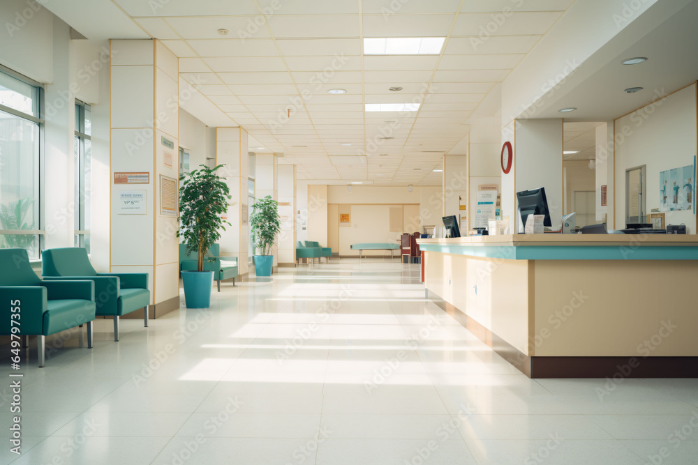 Fototapeta premium A white hospital hallway with an unfocused background is a common scene in healthcare settings. It typically features clean,unfocused background