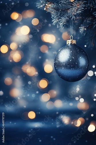 Christmas Ornaments  Blue Baubles over a Defocused Particles Background. X-Mas Event. 25th December.