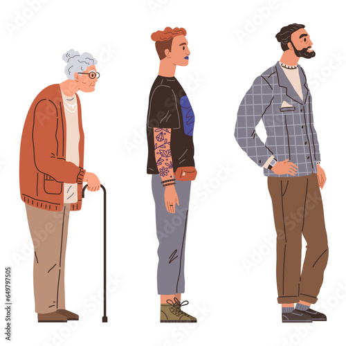 Waiting line, people queuing. Vector illustration. Standing in line for popular restaurant is common in city Sometimes, person wait for customer service cbe quite frustrating The big queue for photo