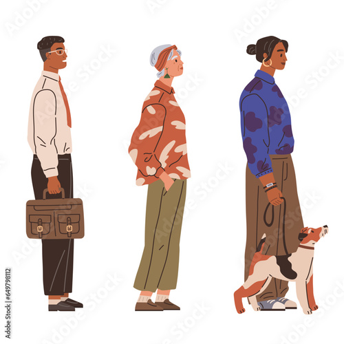 Waiting line, people queuing. Vector illustration. I saw people standing in line for tickets to concert The person wait at post office was over hour long There was big queue at grocery store