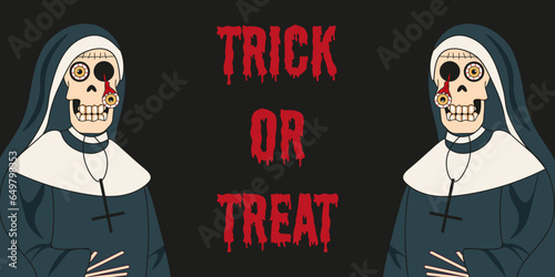 Creepy Halloween banner with cartoon Evil Nun in cassock with Skull head. Design of Halloween poster, card, banner, invitation cover with death sister church and inscription. Vector illustration.