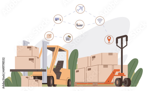 International logistic. Global delivery export. Vector. Modern international logistics employ advanced tracking systems for cargo delivery Export and import shipping duties significantly affect global