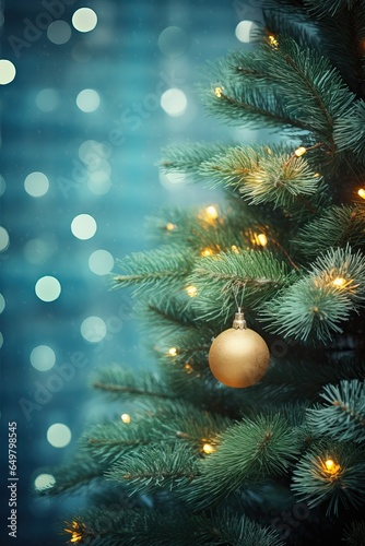 Christmas Ornaments over a Garland, Bauble over a Cyan Woden Background