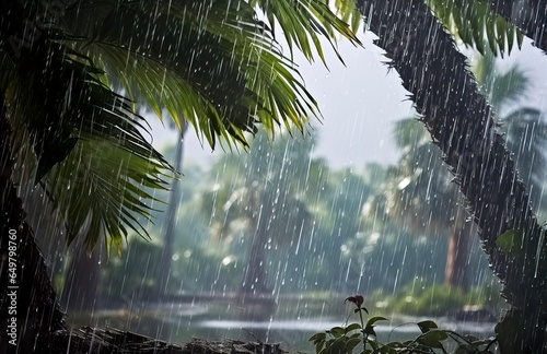 Rain in the tropics during the low season or monsoon season. Raindrops in a garden. photo
