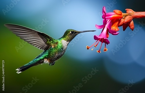 Hummingbird bird flying next to a beautiful red flower with rain. © ABULKALAM