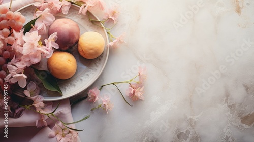 Fresh and Elegant. Fruits Plate, Flowers, and Linen on White Marble Flatlay 