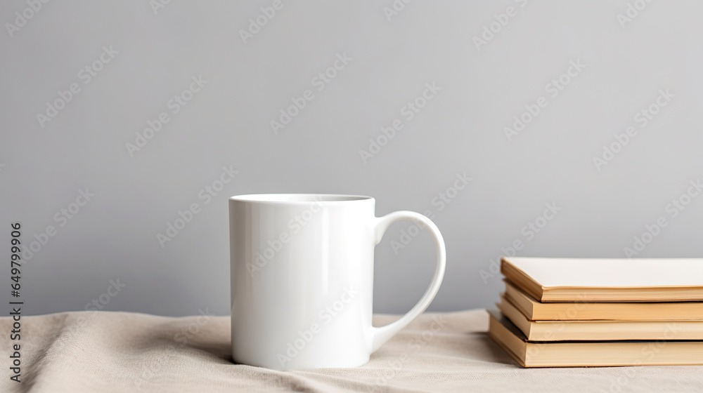 Generative AI, White ceramic cup set-up in at home interior, mug mock up blank, muted neutral colors. Generative AI, White ceramic cup set-up in at home interior, mug mock up blank, muted neutral colors.
