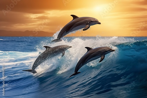 Playful dolphins jumping over breaking waves. Hawaii Pacific Ocean wildlife scenery. © ABULKALAM