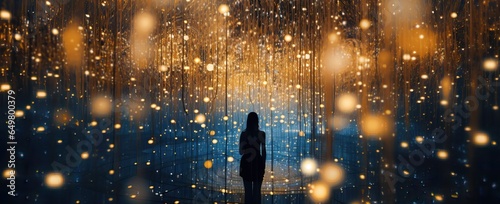 Woman in the Middle of some Golden and Cyan Particles over a Blurred Background. Shiny and Defocused Particles.