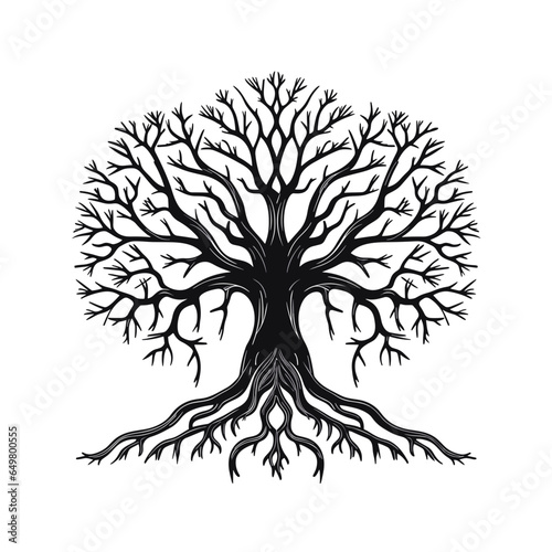 black tree silhouette vector illustration with roots isolated on white background.