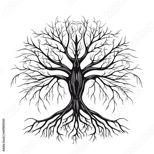 black tree silhouette vector illustration with roots isolated on white background.