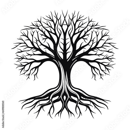 black tree silhouette vector illustration with roots isolated on white background.
