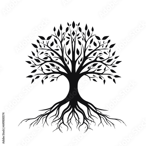 black tree silhouette vector illustration with roots isolated on white background.