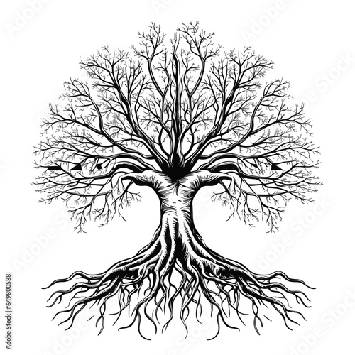 black tree silhouette vector illustration with roots isolated on white background.