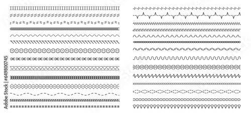 Machine black stitch. Seamless zigzag variation, needlework border with straight and curvy lines, variation of embroidery pattern. Vector isolated set