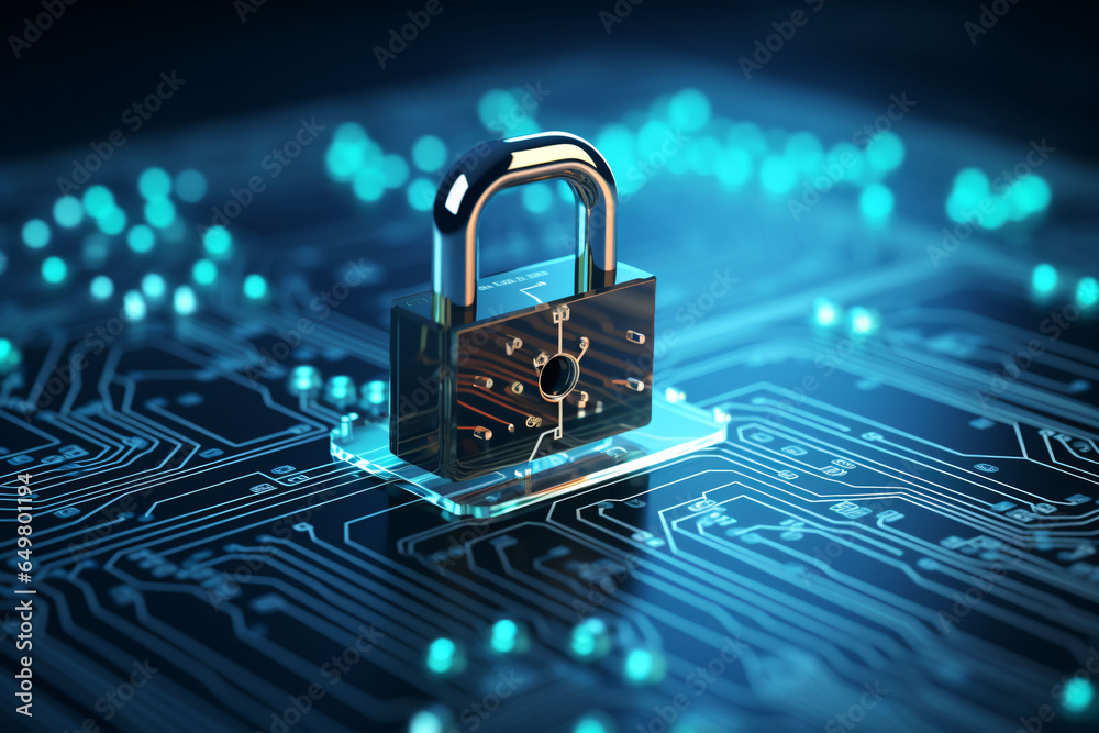 secure connection and cybersecurity service. features an up-close of a computer motherboard, emphasizing safety with a prominent lock symbol. Verified credentials - obrazy, fototapety, plakaty 