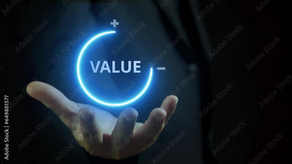 Businessman hand holding virtual download icon progress for increasing value added to business product and service concept. Growth value, increase value, value added. business growth concept.