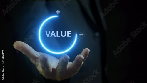 Businessman hand holding virtual download icon progress for increasing value added to business product and service concept. Growth value, increase value, value added. business growth concept.