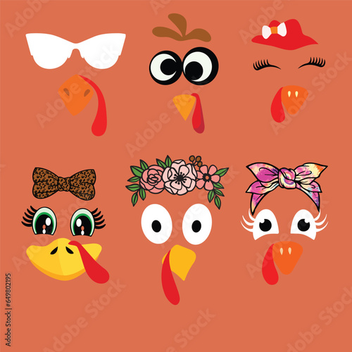 Set of turkey face vector illustration. Cute funny Thanksgiving turkey faces