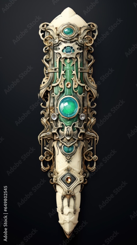 Fototapeta premium an ancient white bone and emerald gemstone relic, intricate engraving, concept art style