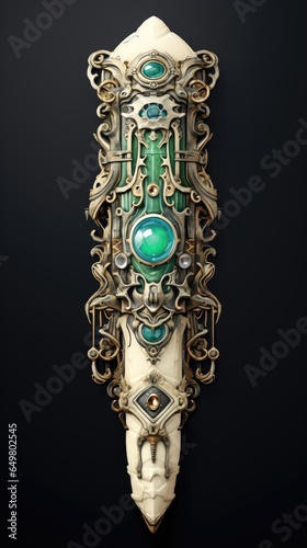 an ancient white bone and emerald gemstone relic, intricate engraving, concept art style