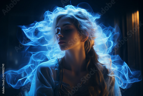 Generative AI picture of female person charming girl practice spirituality aura mind soul concept on vibrant background