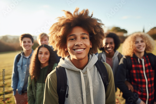 Generative AI image of many students best friends walking to school together september day