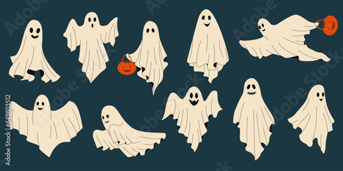 Funny phantom. Cute scary monster in white sheets, cartoon scary monster faces with expressions and emotions. Vector Halloween characters