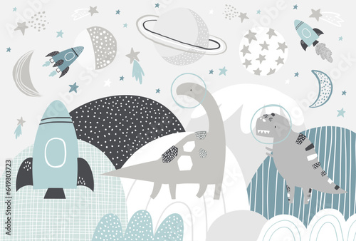 Vector hand drawn cute dinosaurs astronauts in space, planets and rockets illustration in scandinavian style. Mountain landscape, stars. Children's space wallpaper.  Kids room design, wall decor. © ZHUKO