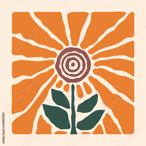 Hand drawn sun flower infantile style Organic doodle shapes Matisse style, naive art, contemporary backgrounds. Botanic vector illustration