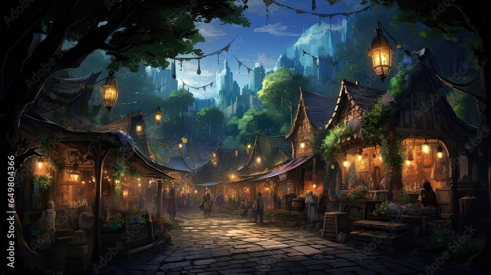 Fototapeta premium quaint dark mystical forest village market, fairy magic