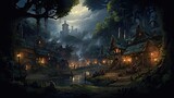 quaint dark mystical forest village market, fairy magic