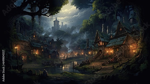 quaint dark mystical forest village market, fairy magic © medienvirus