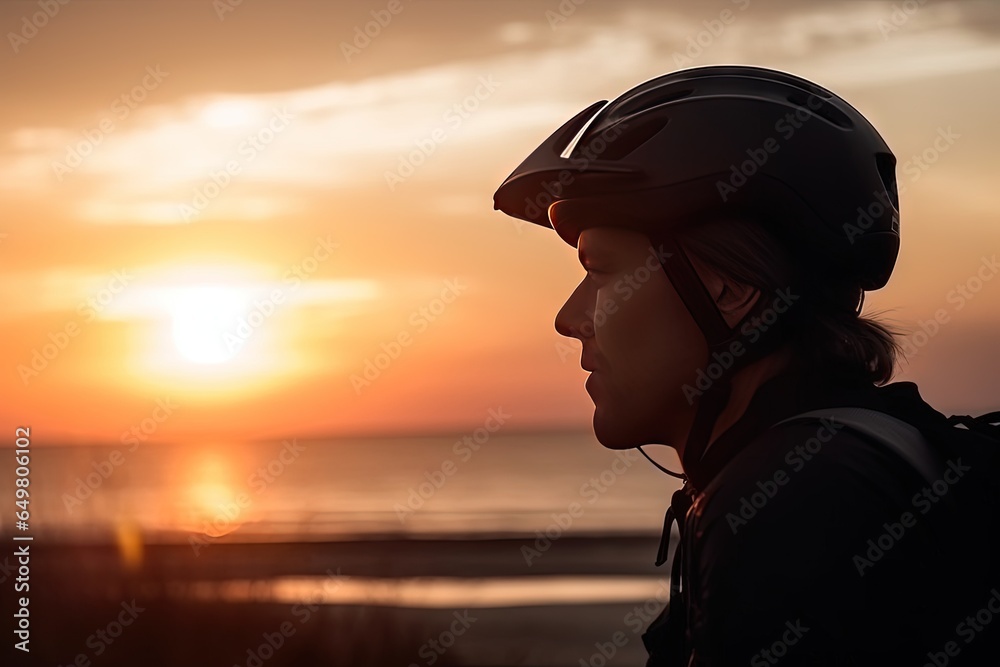Fototapeta premium Man cyclist with bike wearing helmet and looking at sunset over ocean in evening. Outdoor activities, healthy lifestyle.