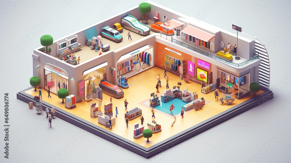 3D of the shopping mall. Business concept. Isometric style. Generative AI. - obrazy, fototapety, plakaty 