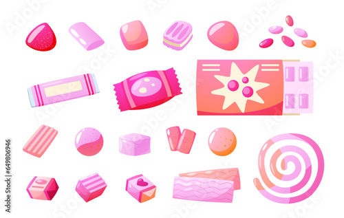 Bubblegum collection. Chewy sweet mint candy gumballs, cartoon gum flavor stick balls, mint dragee product. Vector isolated set