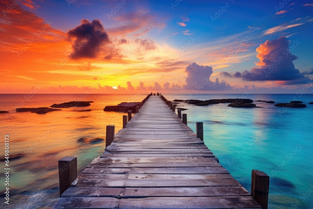 jetty on tropical seascape at beautiful sunset