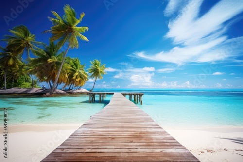 jetty on tropical beach seascape with palm trees
