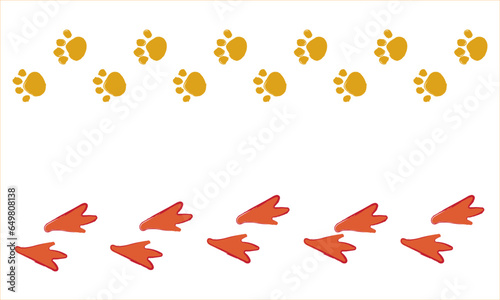 Cat and duck paw prints .Animal and waterfowl footprints track