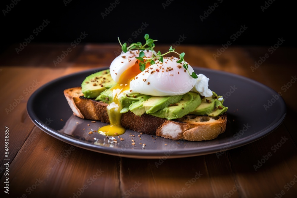 Avocado toast with poached egg served on plate Avocado toast with poached egg served on plate