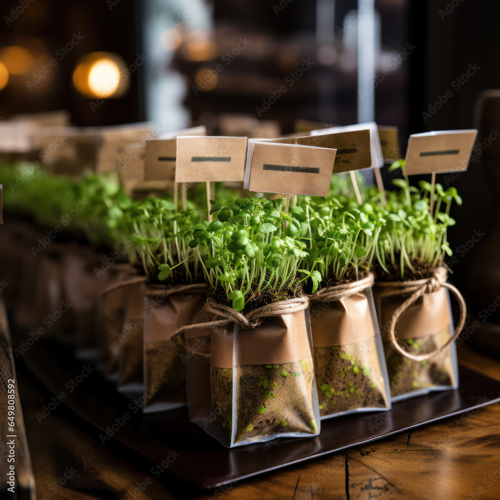 Green sprouts of microgreens carefully packed in craft bags for sale