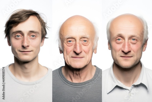 A collage of three photographs of a person at different ages. Male 25 years old, 55s, 75s.  Stages of aging and changes in appearance