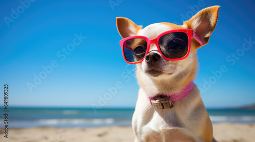 Chihuahua wearing sunglasses on a summer beach cute, Background, Illustrations, HD