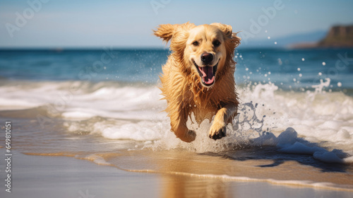 Golden retriever running on a sandy summer beach, Background, Illustrations, HD