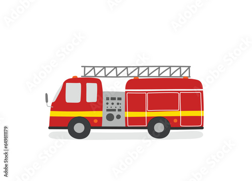 Simple cartoon red fire truck illustration flat vector. Hand drawn specialty vehicles icon. Transportation element in kid drawing style.