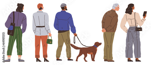 Big queue. Many multitude people. Vector illustration. The queue moved slowly, but crowd maintained their composure People waiting in long line occasionally checked their watches, aware passing time