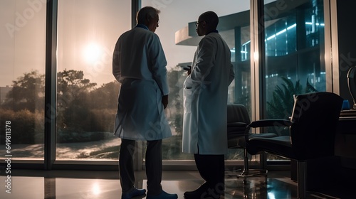 Two professional healthcare workers, doctors or surgeons, are engaged in a serious, private conversation near a large window in hospital setting. The backlighting creates a dramatic silhouette effect.