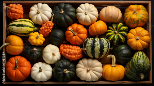 white, green, red and orange pumpkins